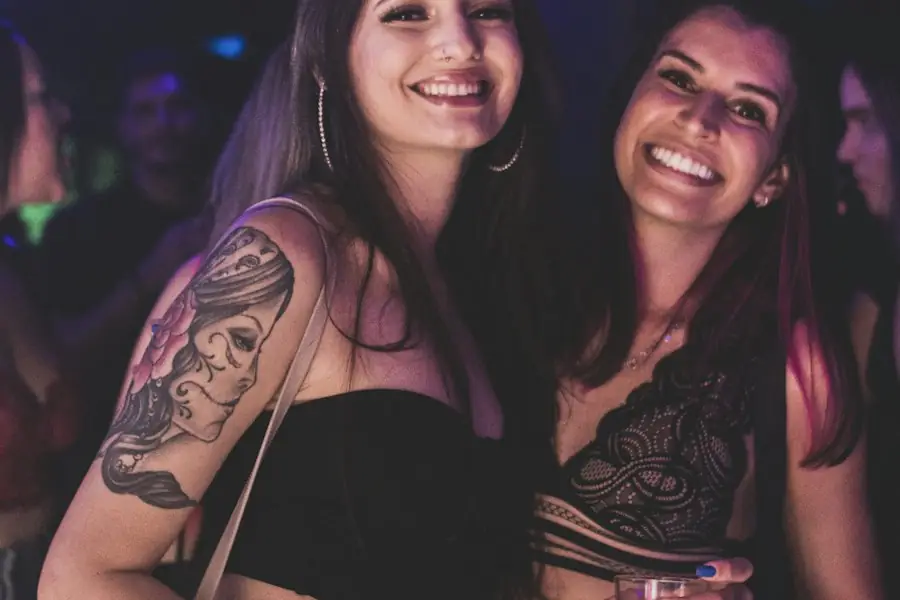 Two friends dressed up for a night out at a Toronto nightclub